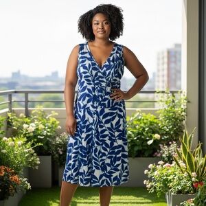 Leota Navy Leaf Print Midi Dress